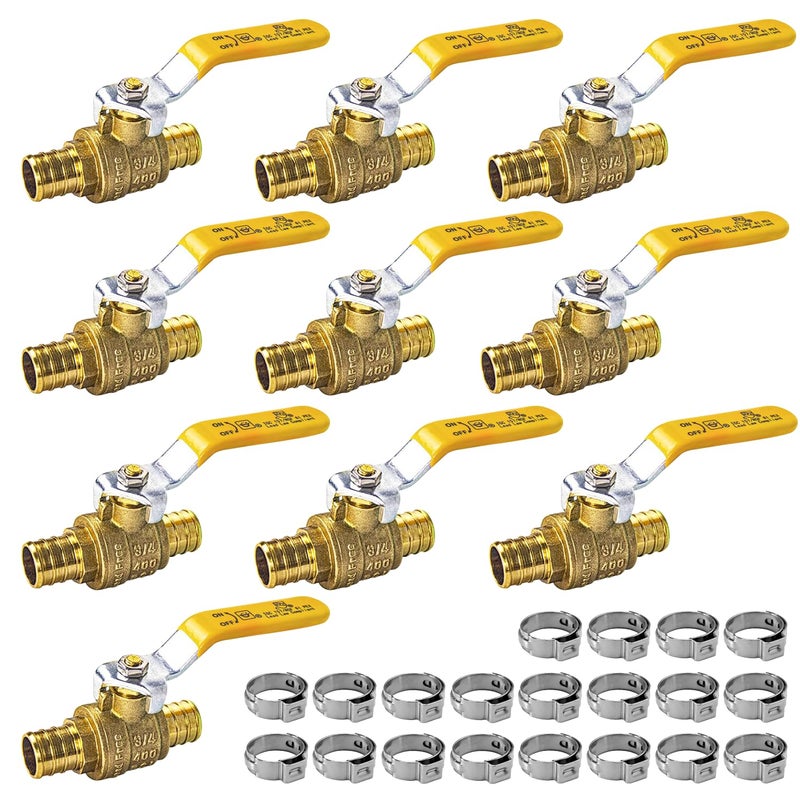 AB (10 Pack) 3/4 Inch X 3/4 Inch Full Port PEX Ball Valve, Water Shut Off Valve with 20 Pcs Stainless Steel Cinch Crimp Rings, UPC Certified - Image 1